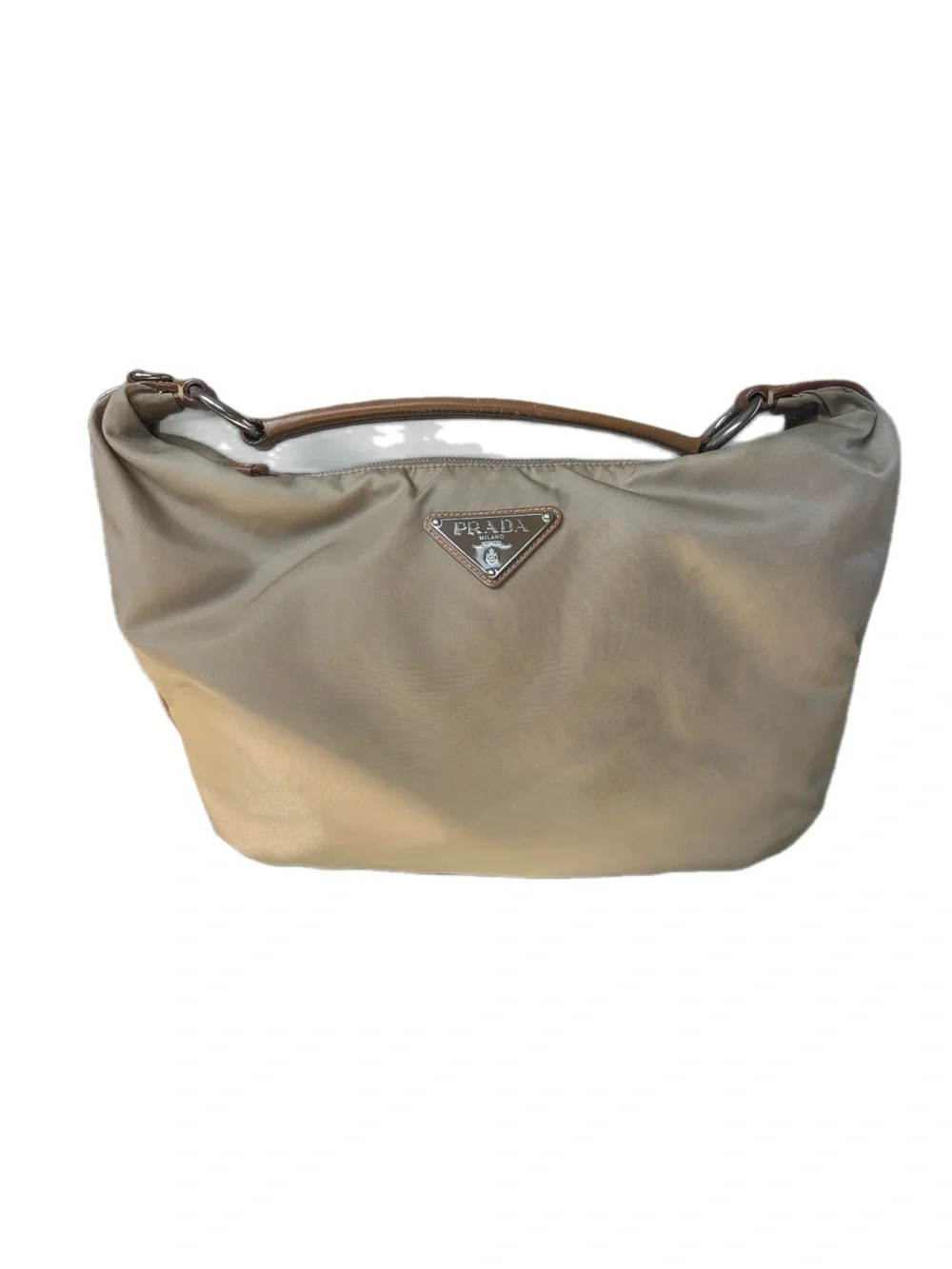 Vintage Prada Tessuto hobo bag crafted from beige/khaki nylon with leather strap